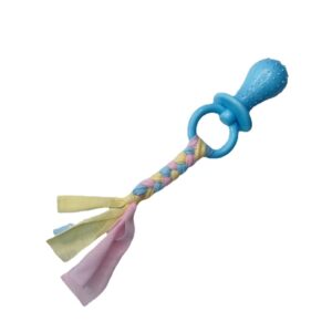 Jucărie pentru câini din cauciuc și bumbac – formă de suzetă, cu cordon colorat, 21 cm, albastru deschis
