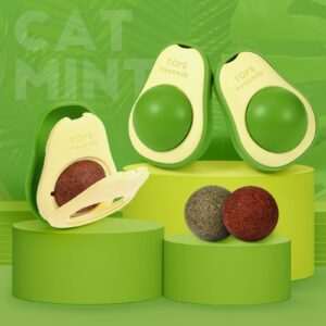 Set 2 mingi cu catnip pentru pisici, model avocado, cu suport adeziv pentru montare pe perete, galben